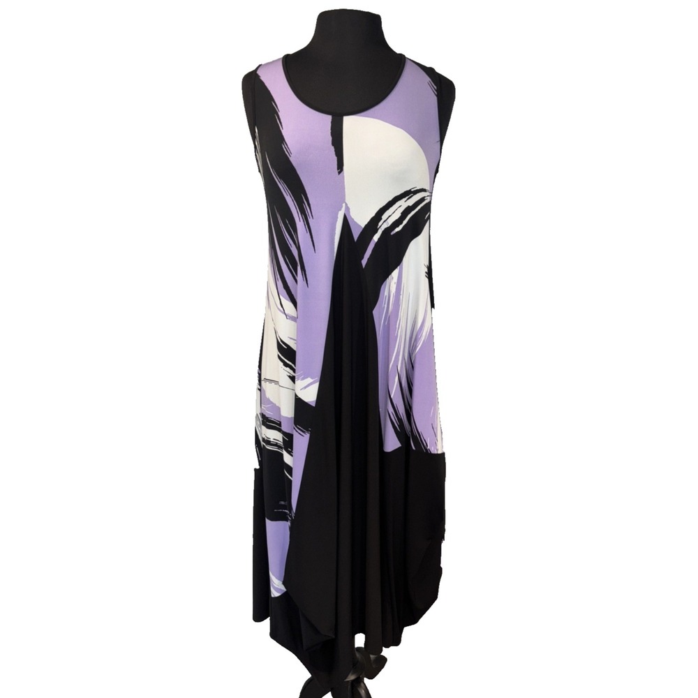 NEW Comfy USA Midi Asymmetrical Sleeveless Dress Sz XS Purple Black Artsy Boho